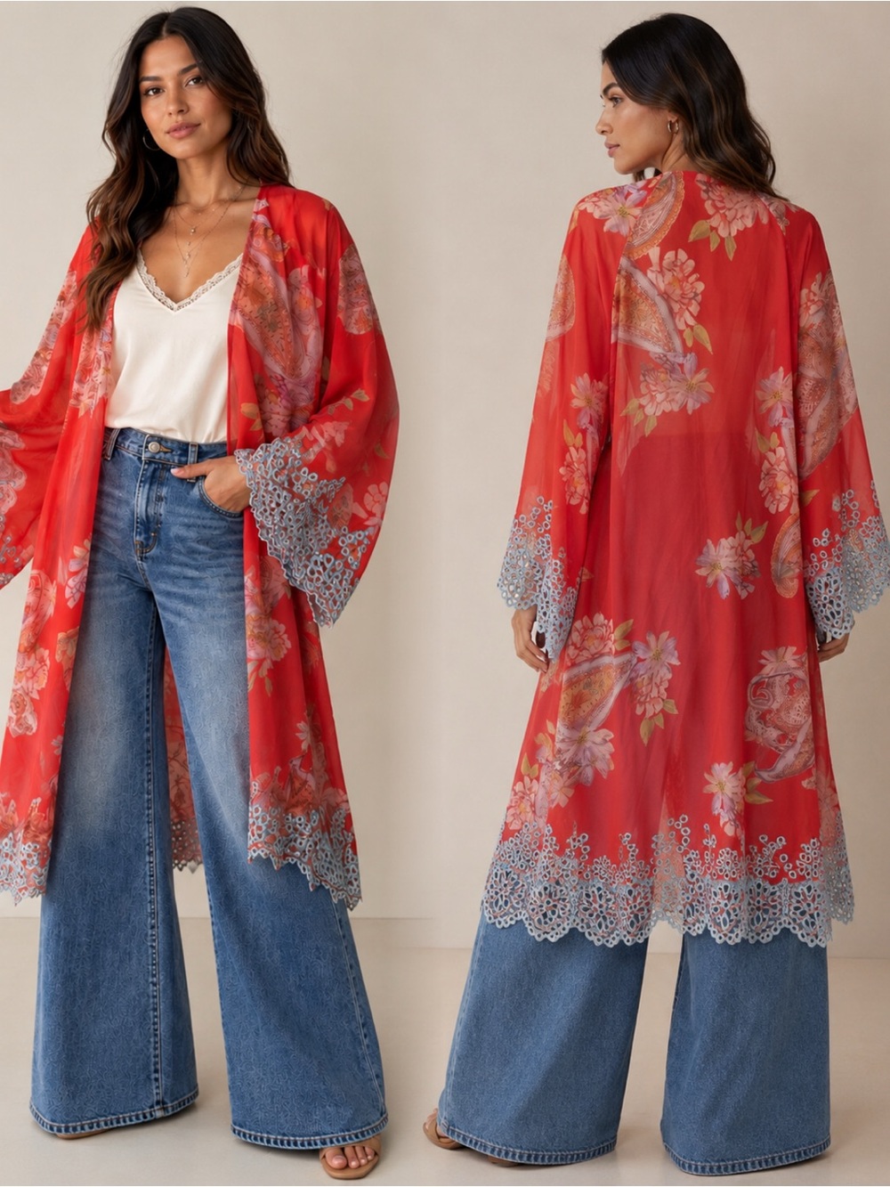 Cato Gorgeous Red Floral Lace-Trim Kimono Robe